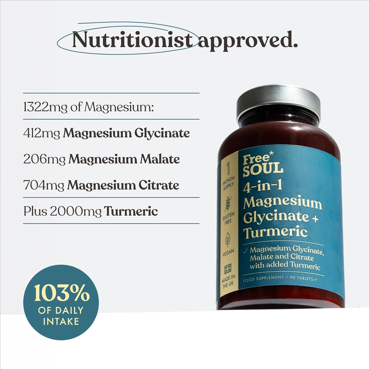 Magnesium Glycinate + Turmeric 4-in-1 Complex | Triple-Strength Magnesium Supplements with 1283mg, Bisglycinate, Citrate, Malate & 2000mg Turmeric | 90 Vegan Tablets | Gluten-Free - Image 3