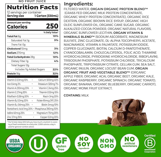 Orgain Organic Nutritional Protein Shake, Creamy Chocolate Fudge - 16g Grass Fed Whey Protein, Meal Replacement, 20 Vitamins & Minerals, Fruits & Vegetables, Gluten Free, Non-GMO, 11 Fl Oz (12 Pack) - Image 4